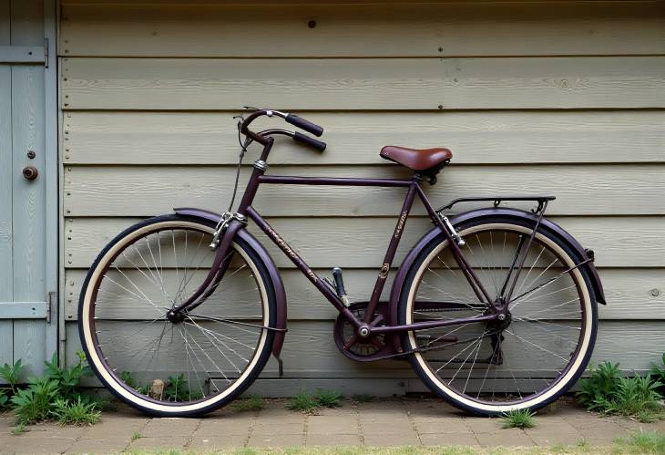 OldTime Charm Vintage Bicycle Propped Against a Rustic Wooden Wall